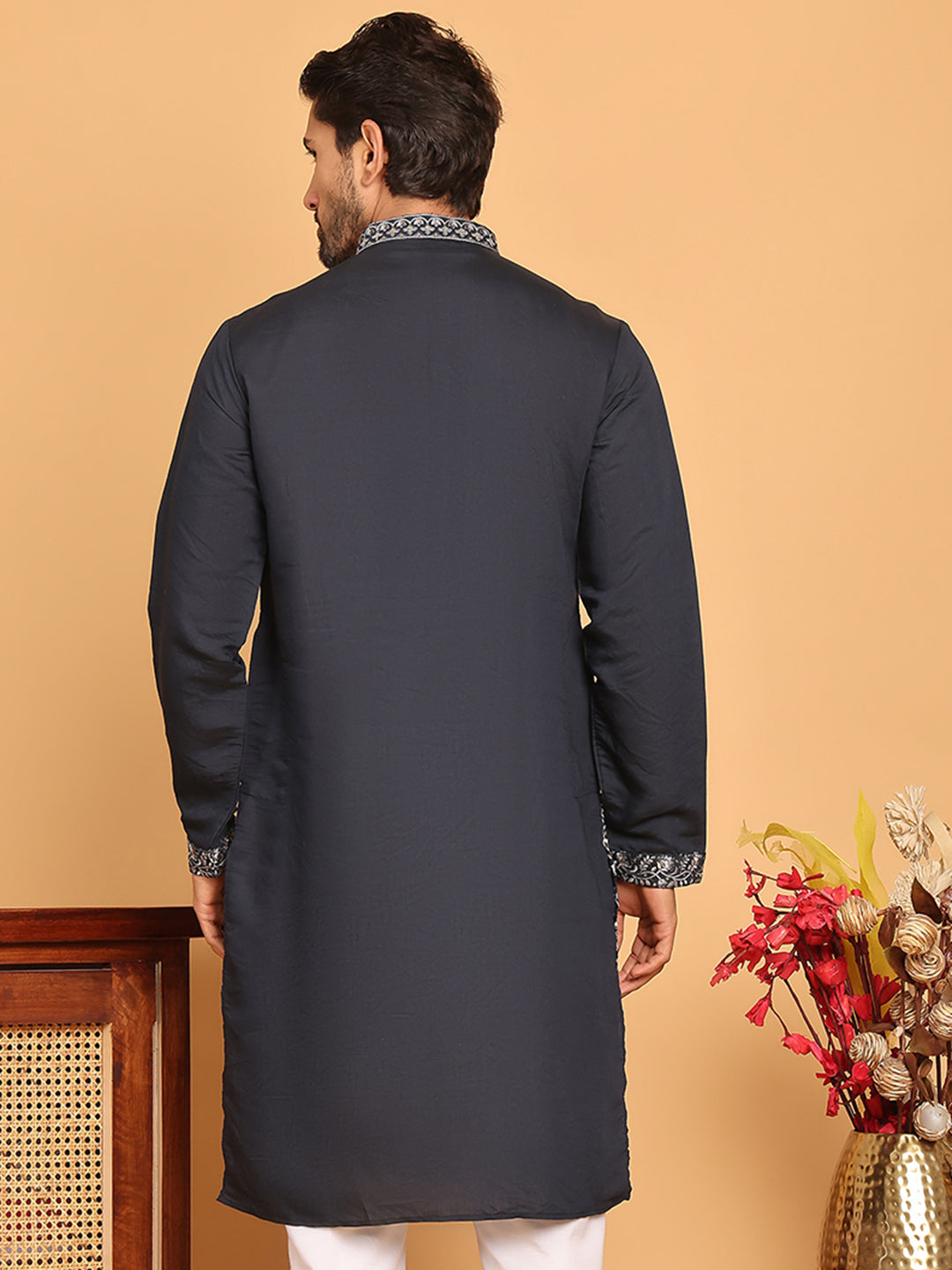 DesiQlo Men Embroidered Kurta Only - Blue - KO_5180Navy_S
