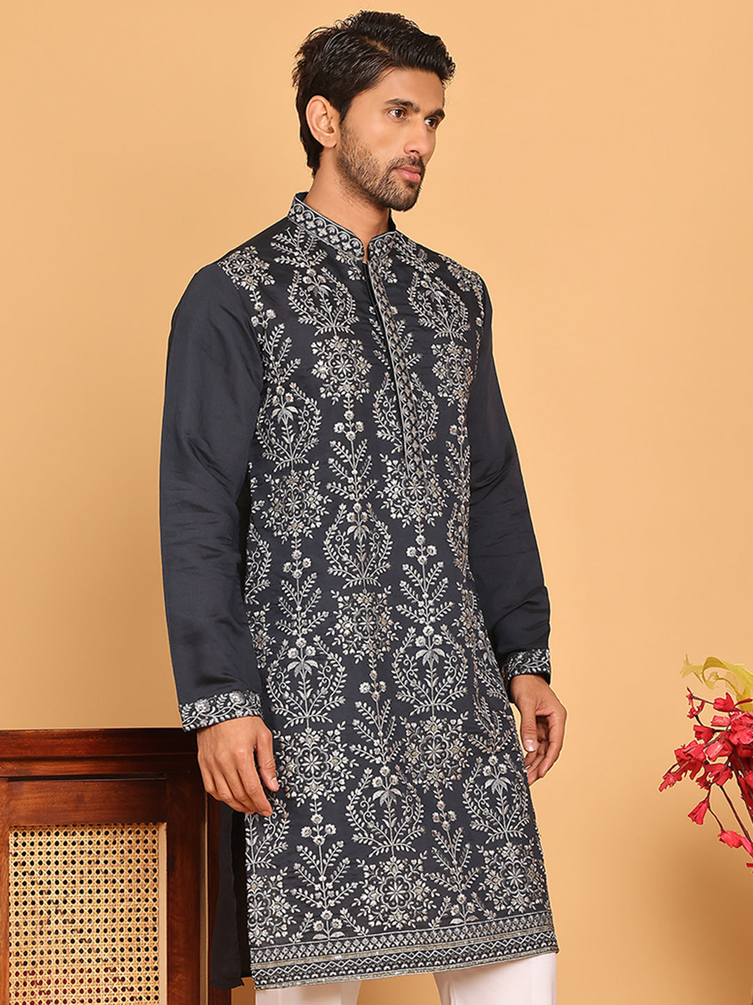DesiQlo Men Embroidered Kurta Only - Blue - KO_5180Navy_S