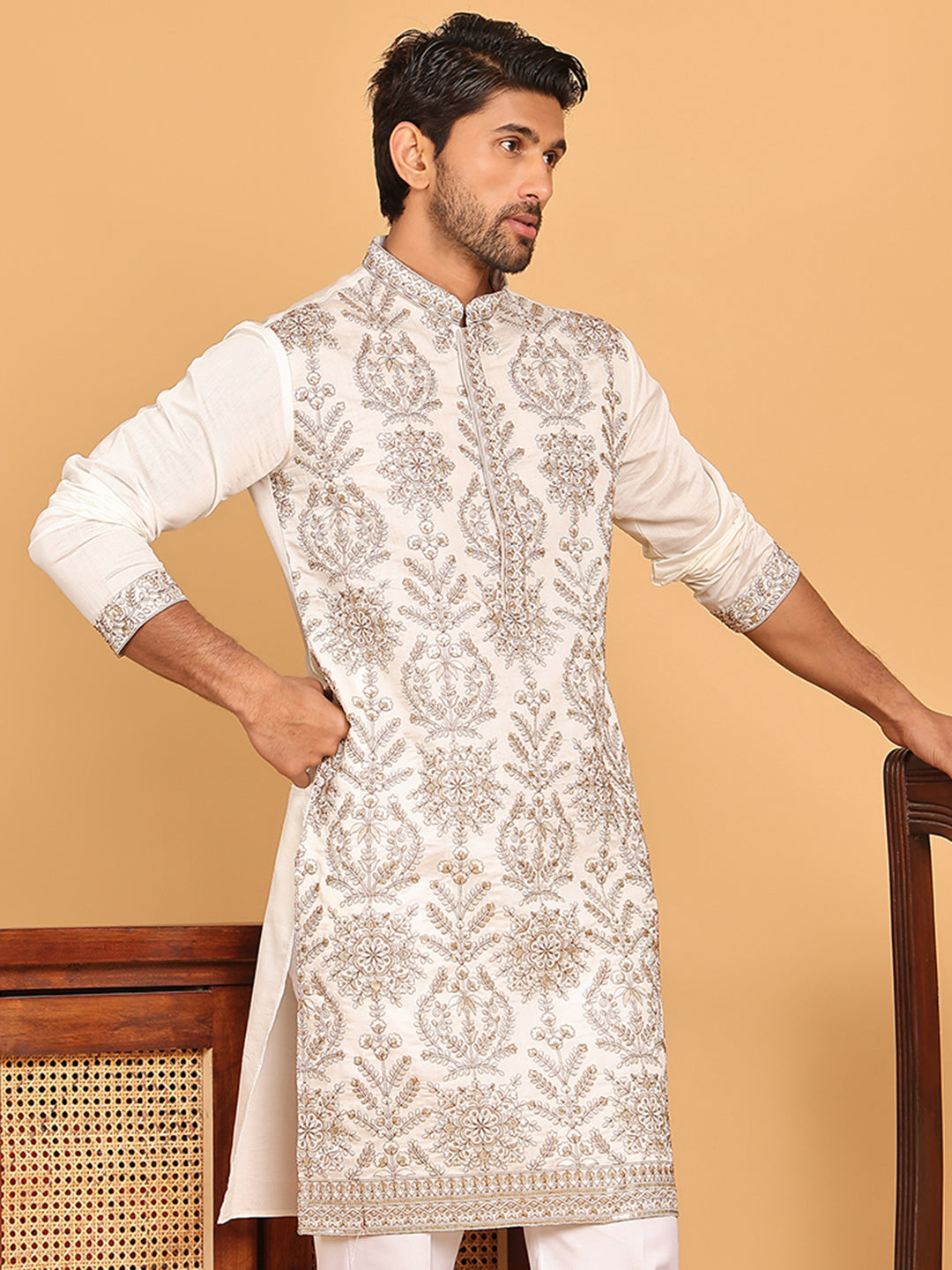 DesiQlo Men Embroidered Kurta Only - White - KO_5180White_S