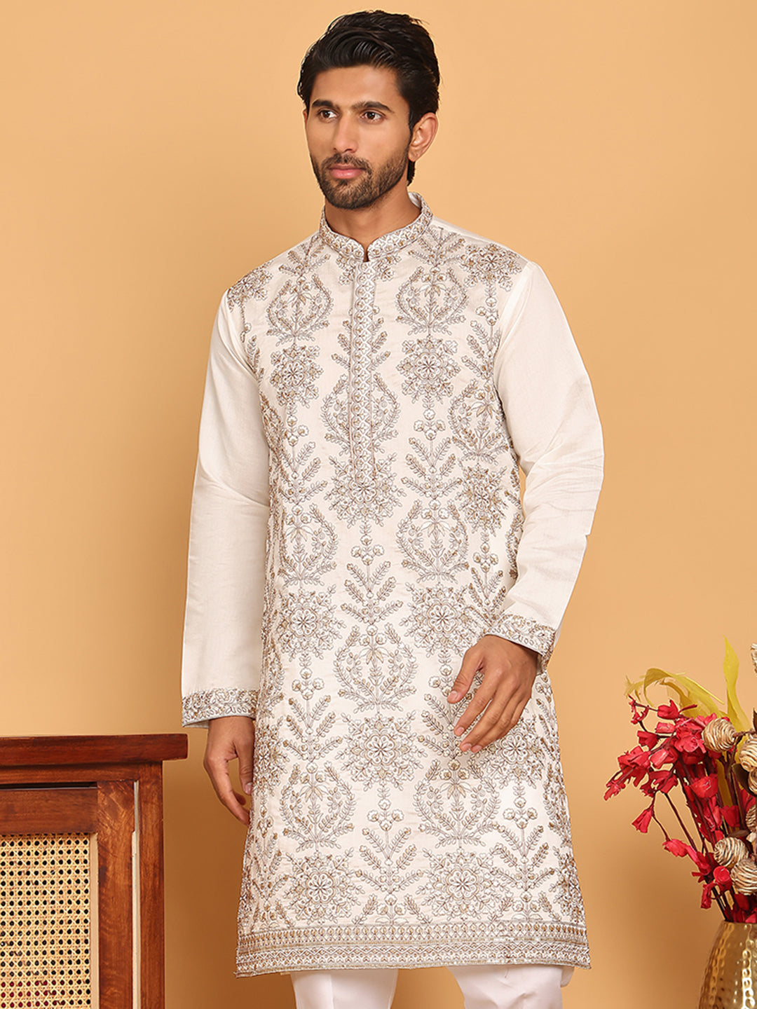 DesiQlo Men Embroidered Kurta Only - White - KO_5180White_S