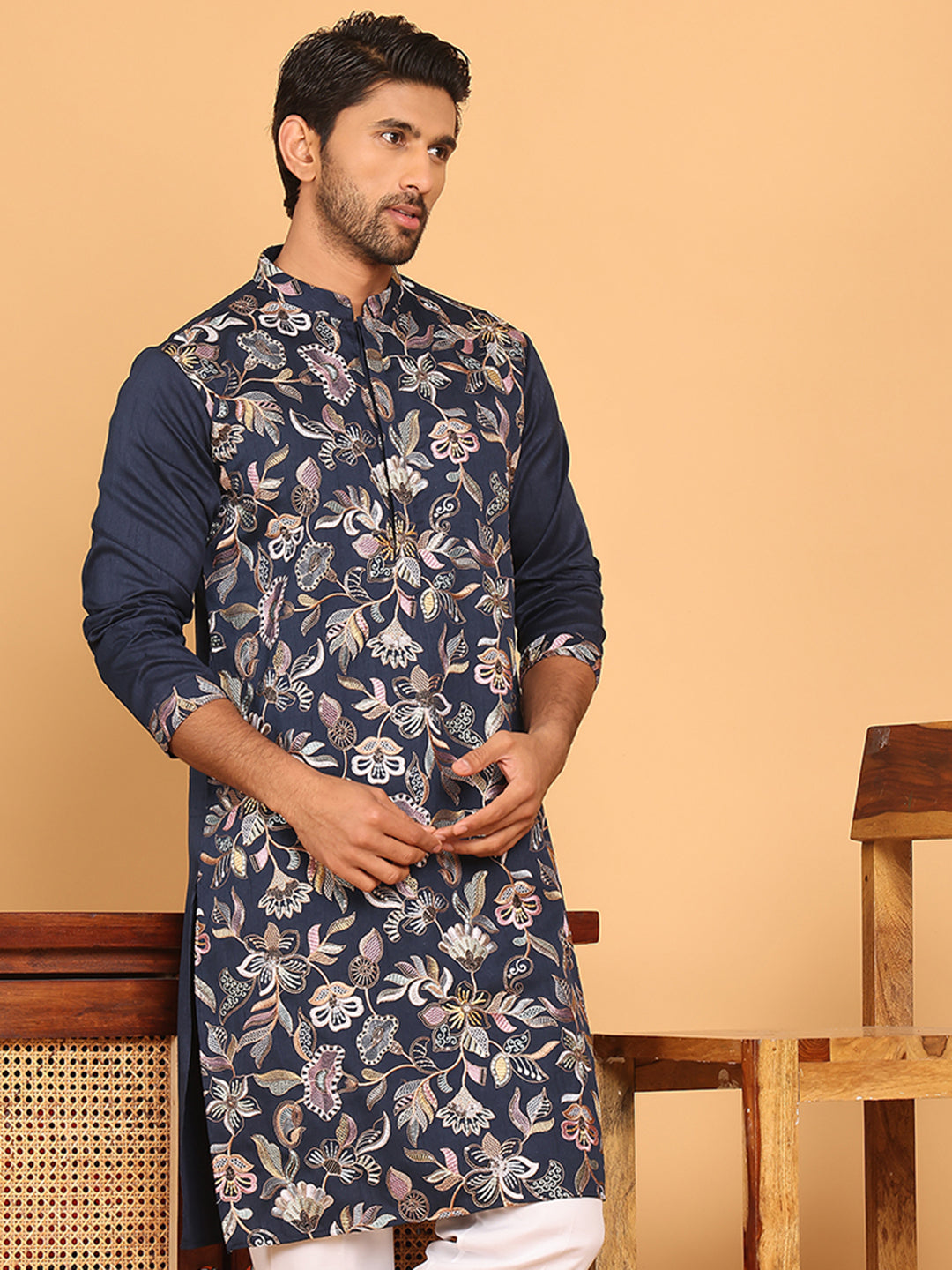 DesiQlo Men Embroidered Kurta Only - Blue - KO_5181Navy_S