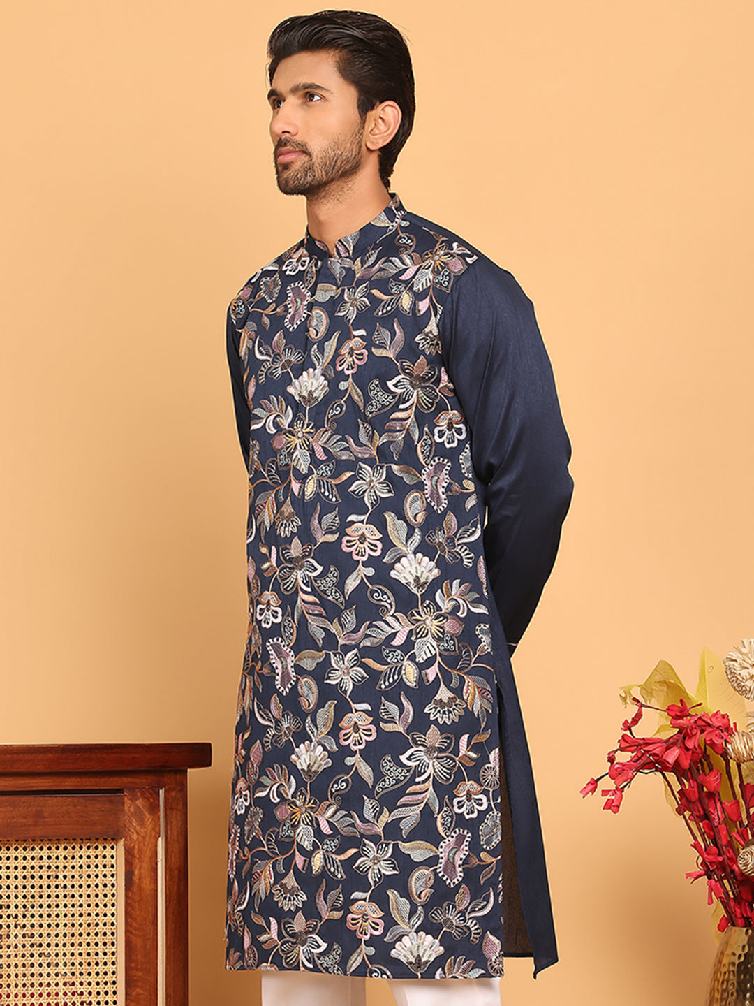 DesiQlo Men Embroidered Kurta Only - Blue - KO_5181Navy_S