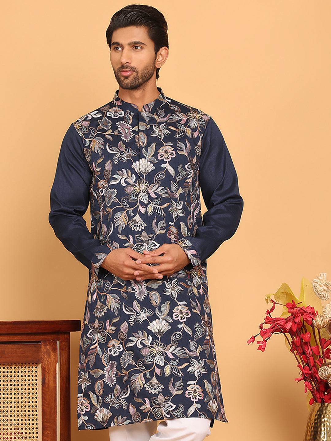 DesiQlo Men Embroidered Kurta Only - Blue - KO_5181Navy_S