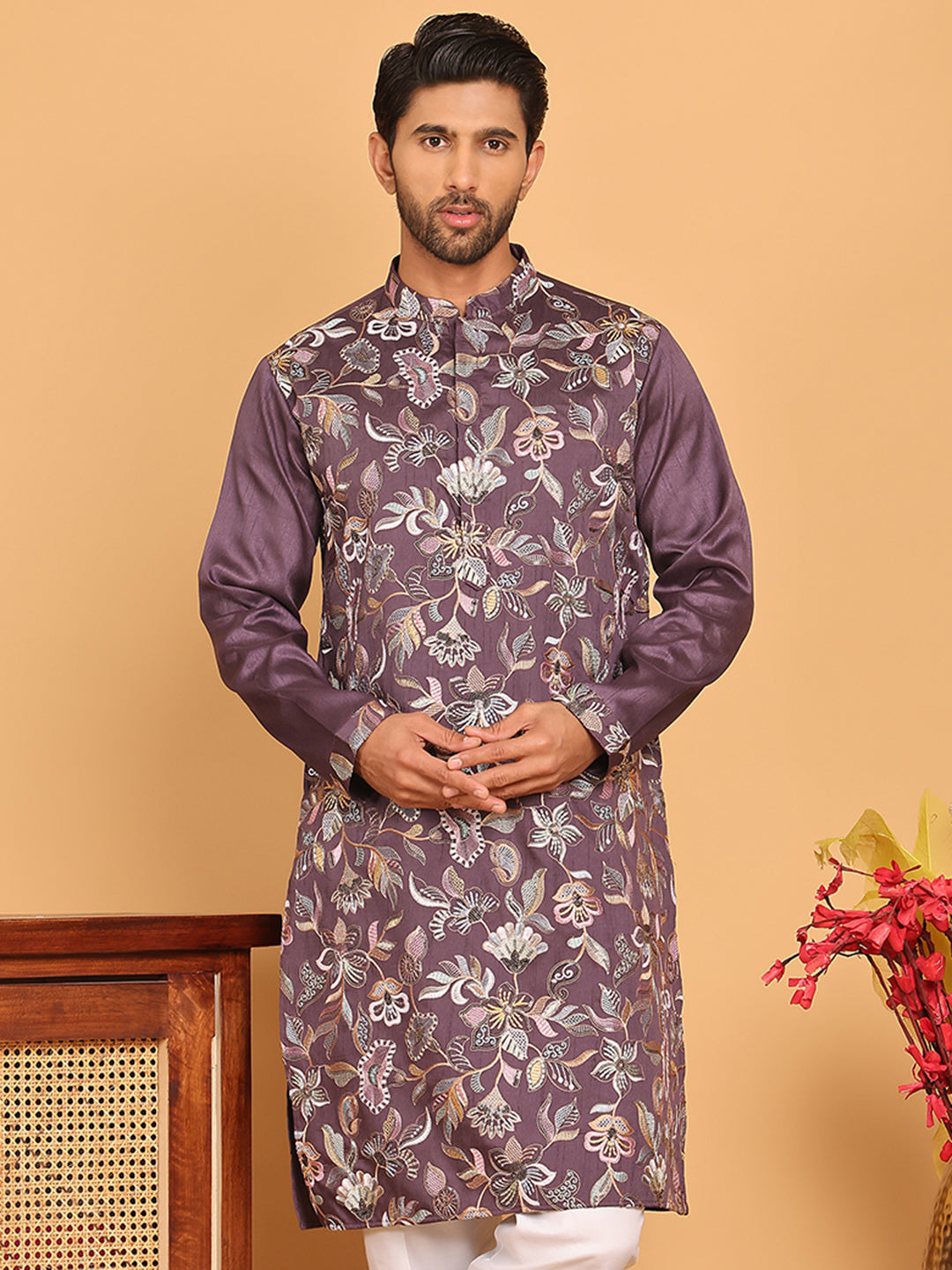 DesiQlo Men Embroidered Kurta Only - Purple - KO_5181Purple_S