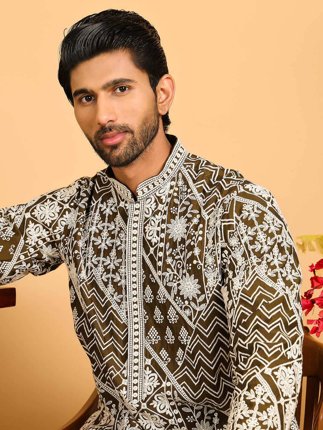Floral Embroidery Silk Blend Kurtas for Men ( KO 5182 Mehndi ) [FF] [I-1-4]