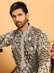 Floral Embroidery Silk Blend Kurtas for Men ( KO 5182 Mehndi ) [FF] [I-1-4]