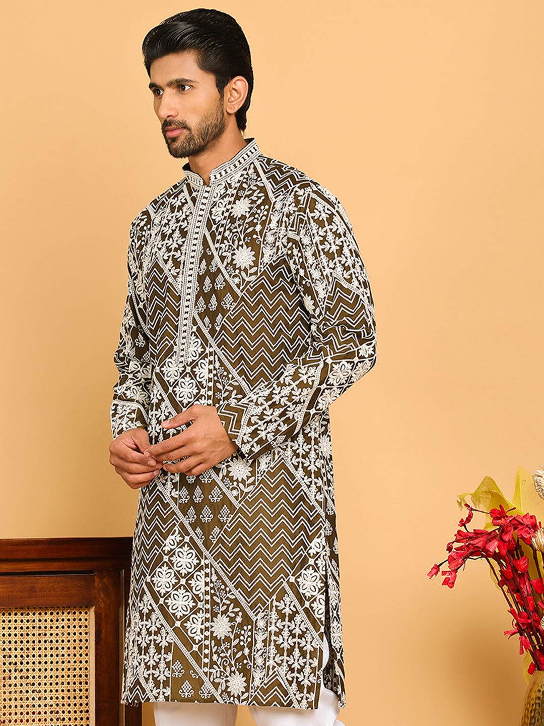 DesiQlo Men Embroidered Kurta Only - Green - KO_5182Mehndi_S