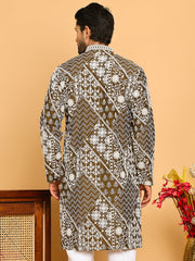 Floral Embroidery Silk Blend Kurtas for Men ( KO 5182 Mehndi ) [FF] [I-1-4]
