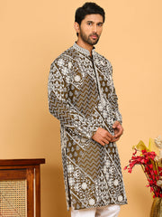 Floral Embroidery Silk Blend Kurtas for Men ( KO 5182 Mehndi ) [FF] [I-1-4]