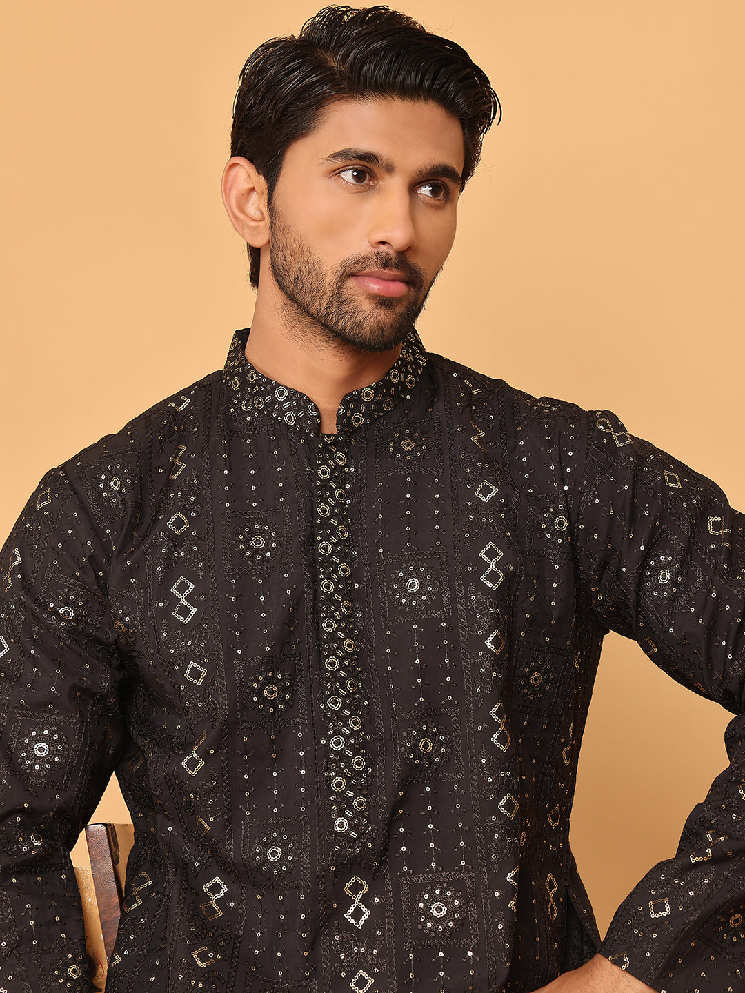 Men's Sequins Embroidered Kurtas. ( KO 5183 Black ) [FF] [J-2-3]