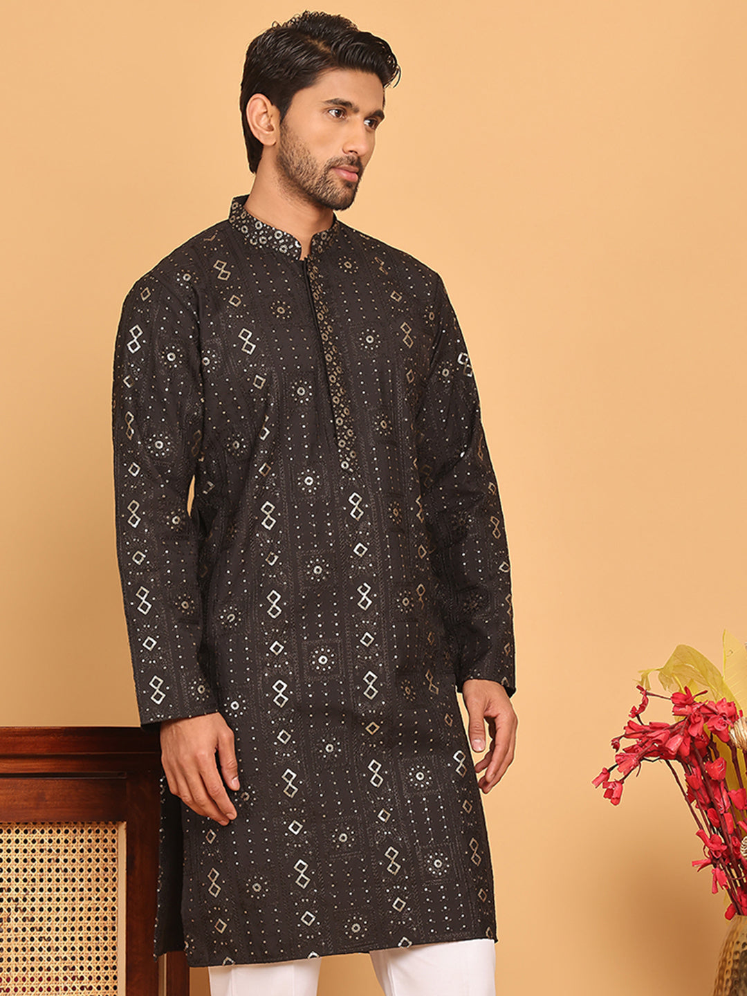 DesiQlo Men Embroidered Kurta Only - Black - KO_5183Black_S