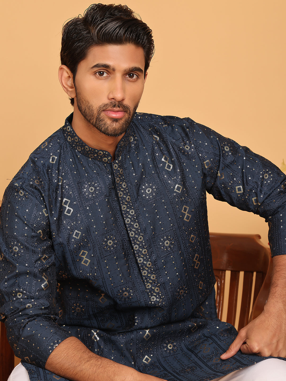 DesiQlo Men Embroidered Kurta Only - Blue - KO_5183Navy_S