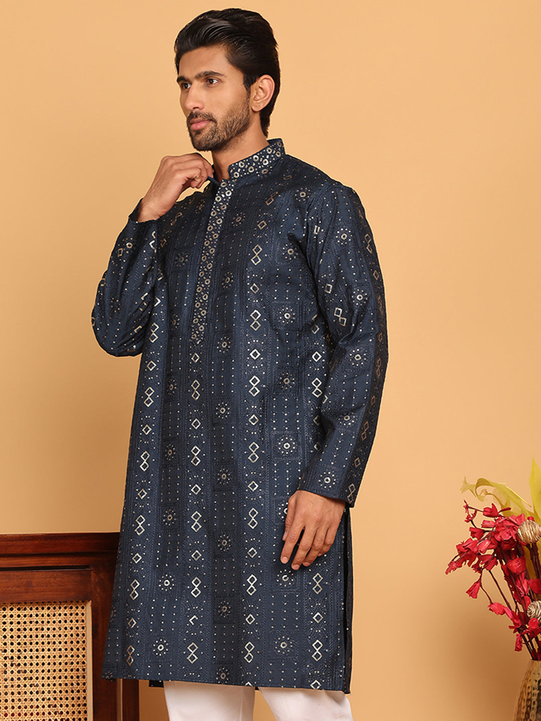 DesiQlo Men Embroidered Kurta Only - Blue - KO_5183Navy_S
