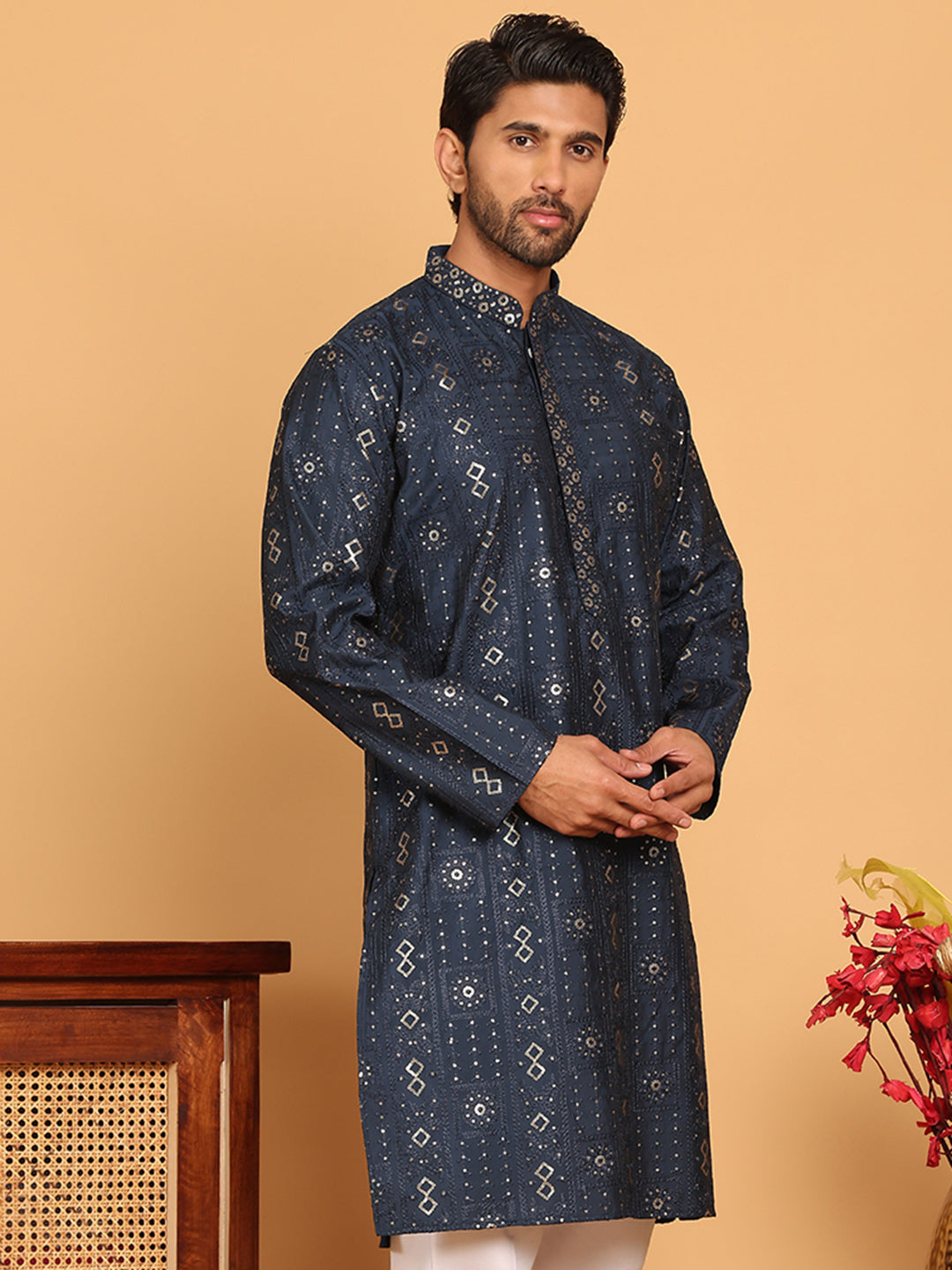 DesiQlo Men Embroidered Kurta Only - Blue - KO_5183Navy_S