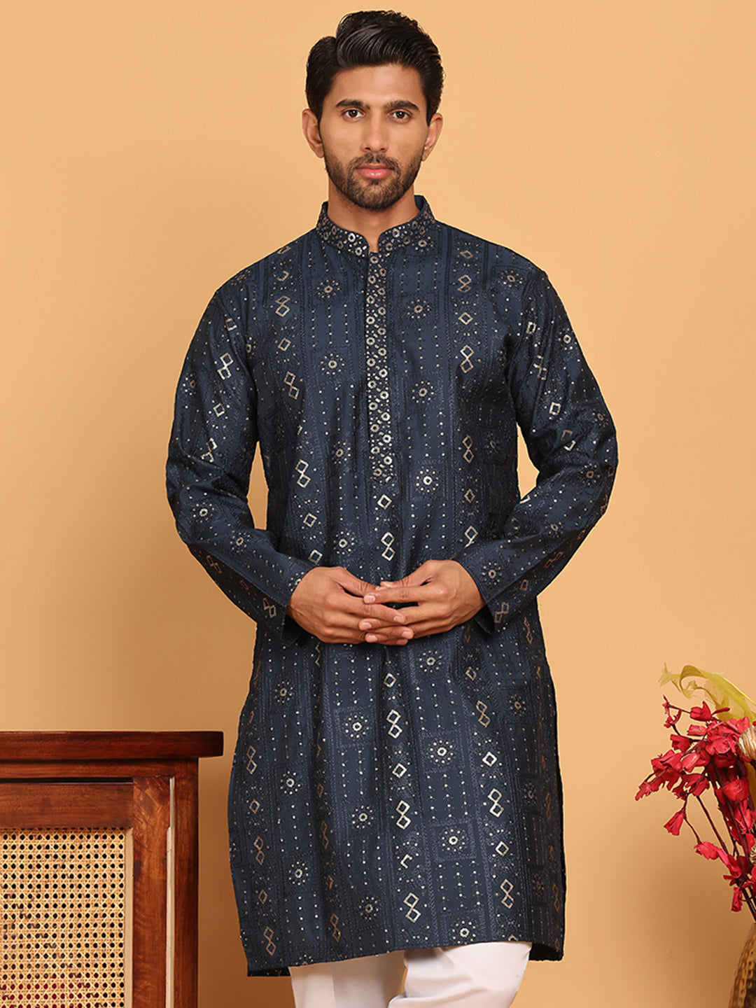DesiQlo Men Embroidered Kurta Only - Blue - KO_5183Navy_S