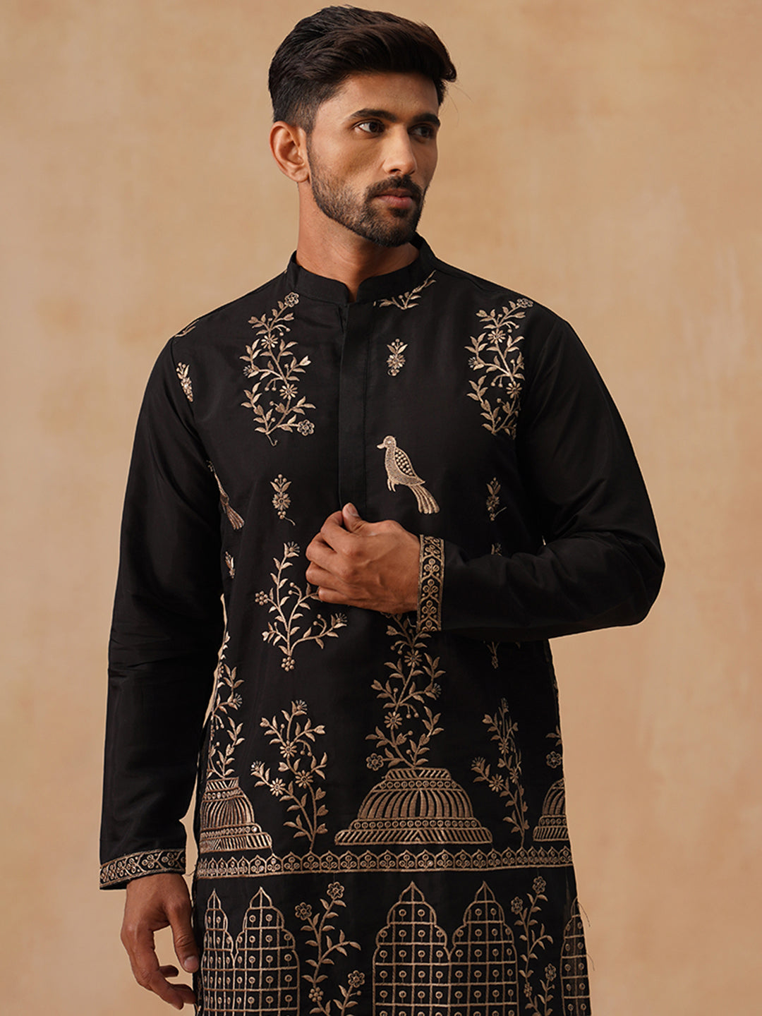 Embroidered Straight Kurta For Men (KO 5185 Black ) [FF] [N-4]