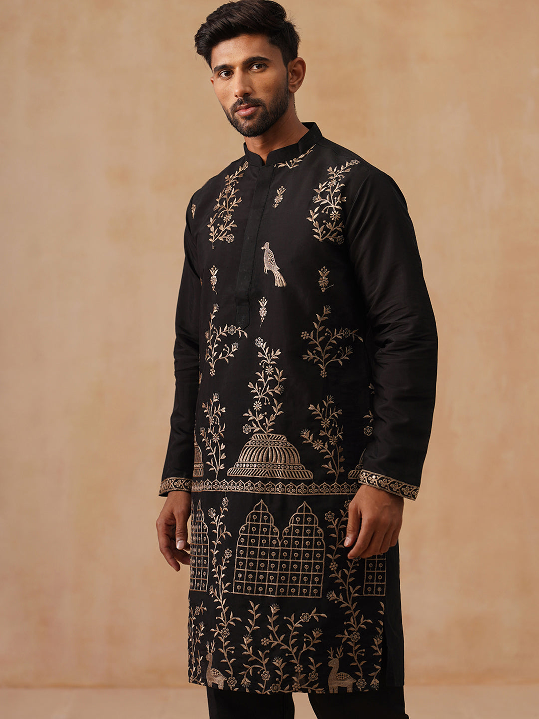 DesiQlo Men Floral Kurta Only - Black