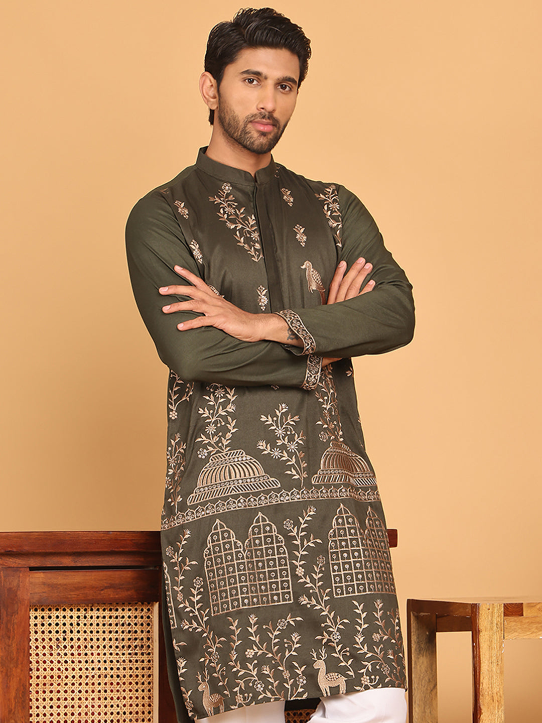DesiQlo Men Embroidered Kurta Only - Green - KO_5185Olive_S