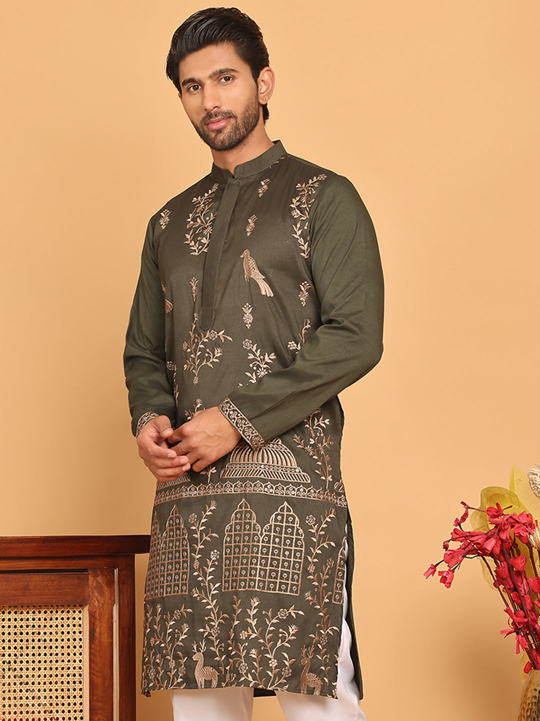 DesiQlo Men Embroidered Kurta Only - Green - KO_5185Olive_S