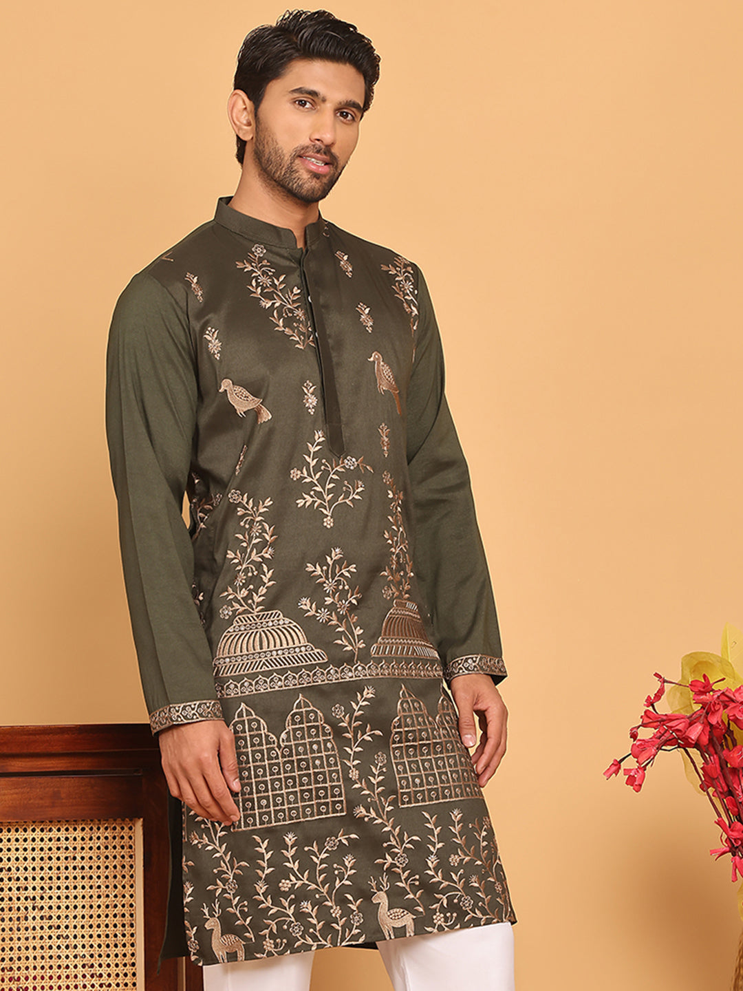 DesiQlo Men Embroidered Kurta Only - Green - KO_5185Olive_S