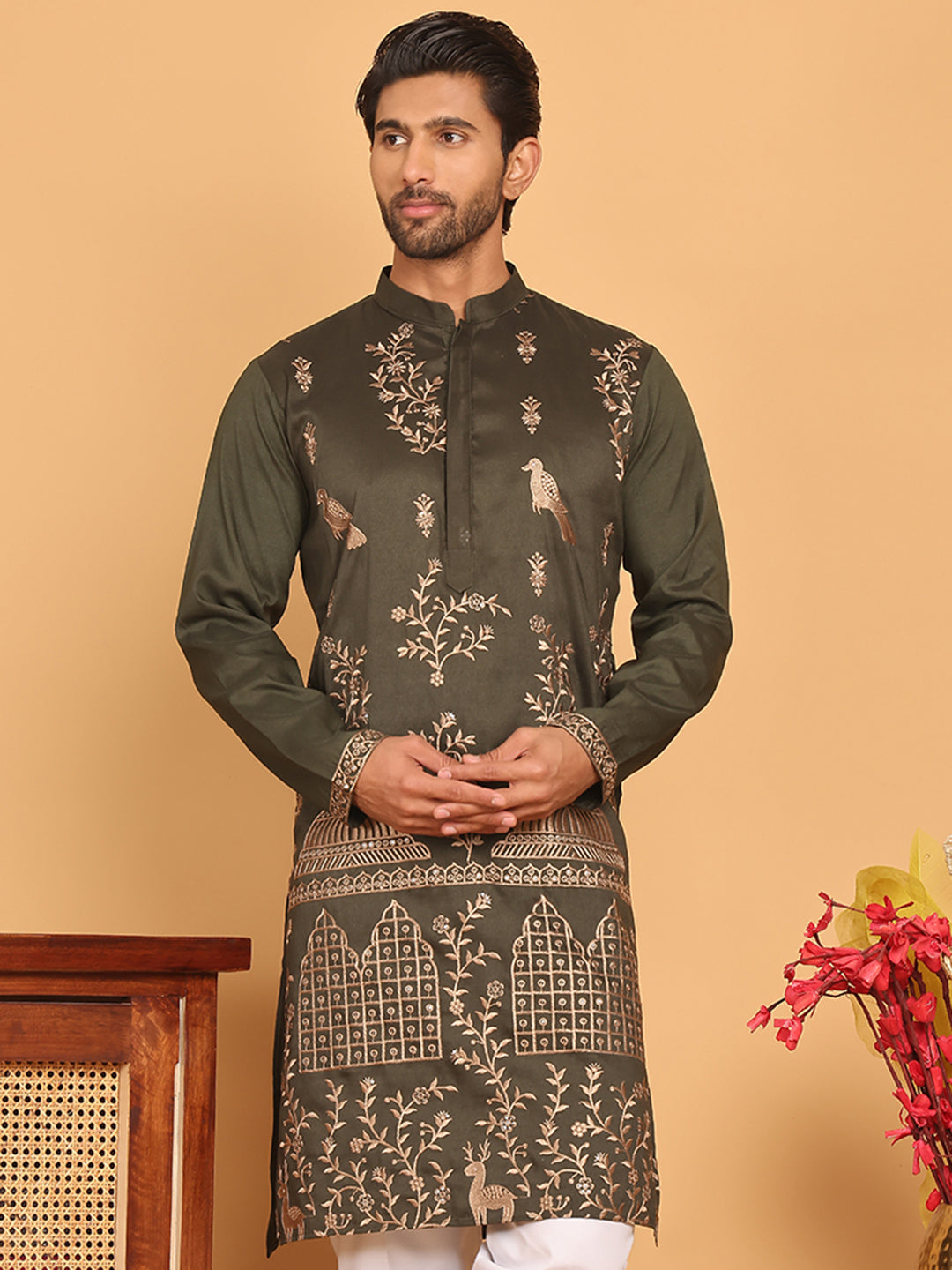 DesiQlo Men Embroidered Kurta Only - Green - KO_5185Olive_S