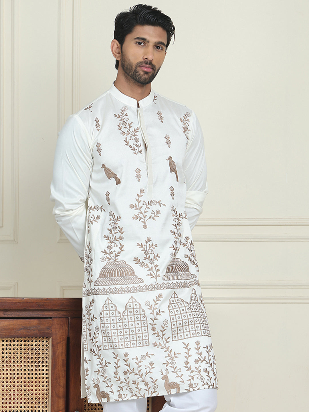 Embroidered Straight Kurtas For Men ( KO 5185 White ) [FF] [N-4]