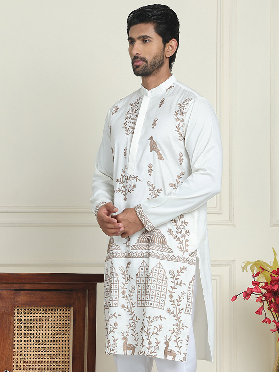DesiQlo Men Embroidered Kurta Only - White - KO_5185White_S