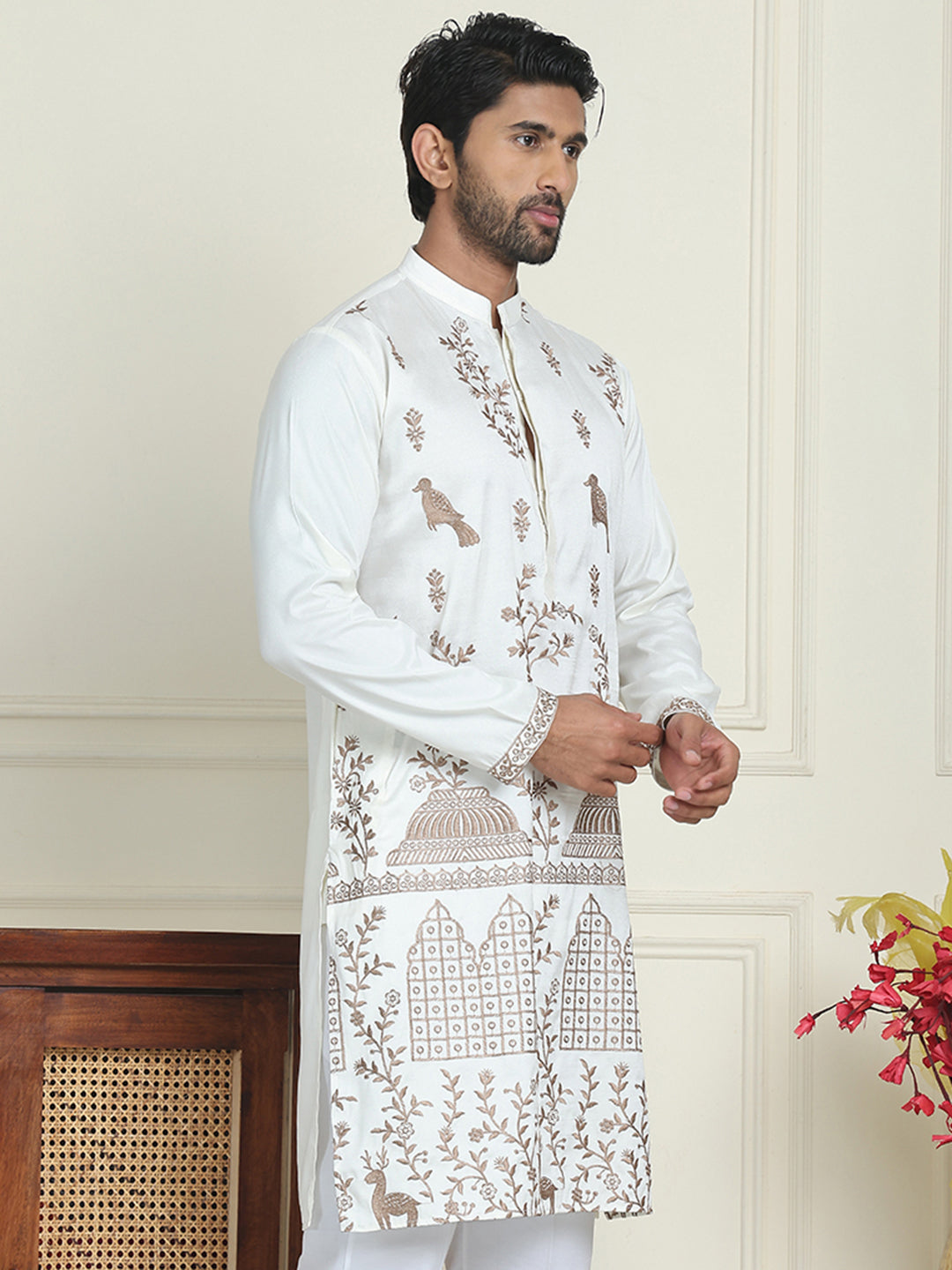 DesiQlo Men Embroidered Kurta Only - White - KO_5185White_S