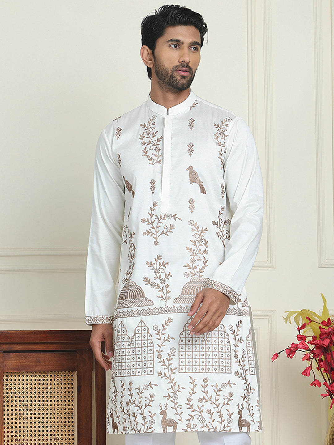 DesiQlo Men Embroidered Kurta Only - White - KO_5185White_S