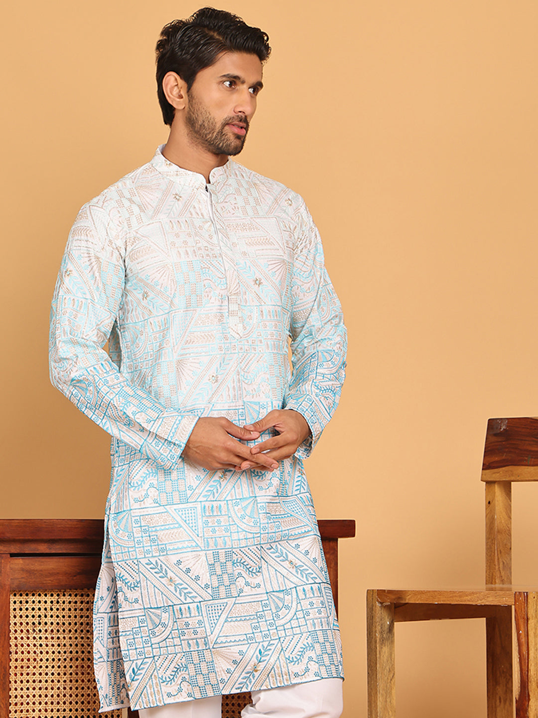 DesiQlo Men Embroidered Kurta Only - Blue - KO_5186Sky_S