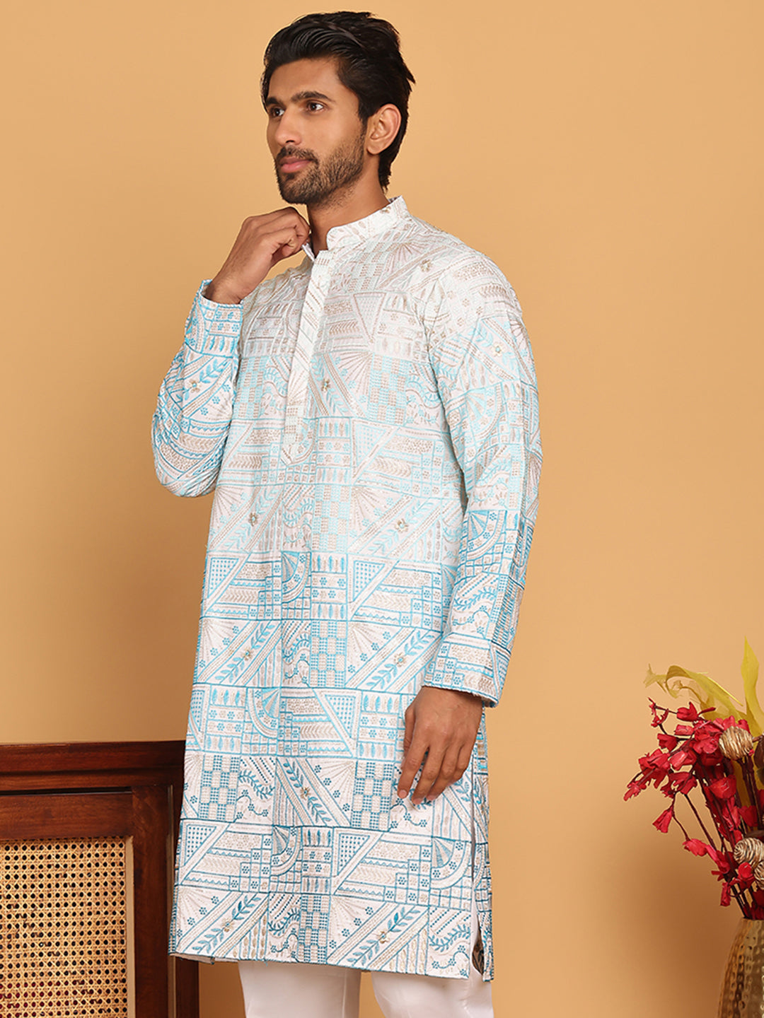DesiQlo Men Embroidered Kurta Only - Blue - KO_5186Sky_S
