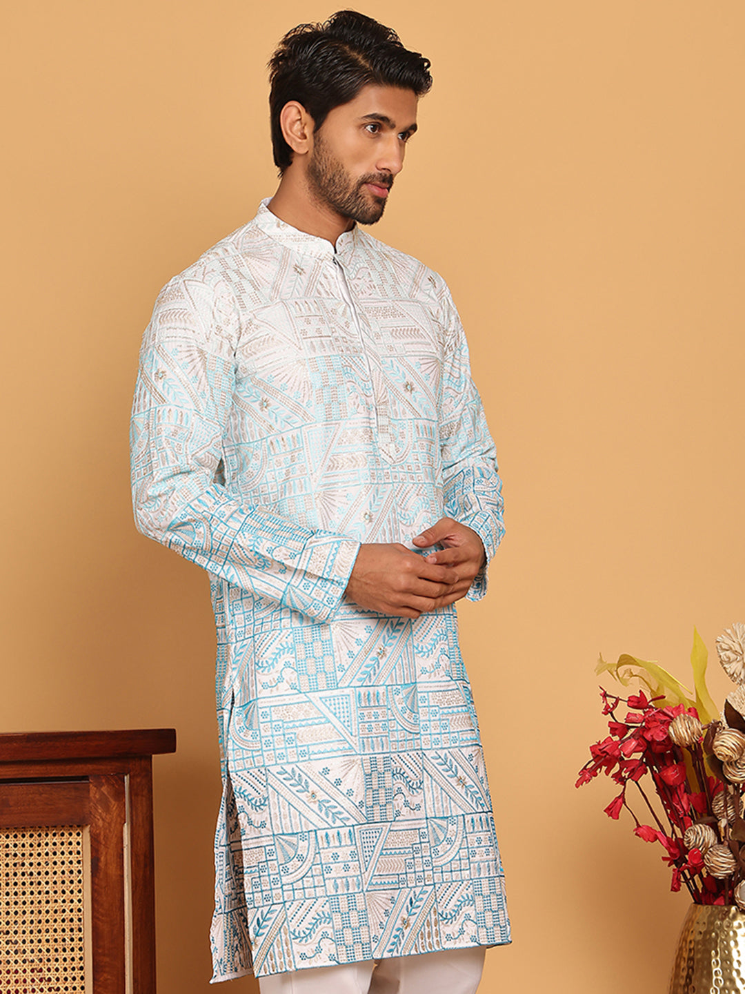 DesiQlo Men Embroidered Kurta Only - Blue - KO_5186Sky_S