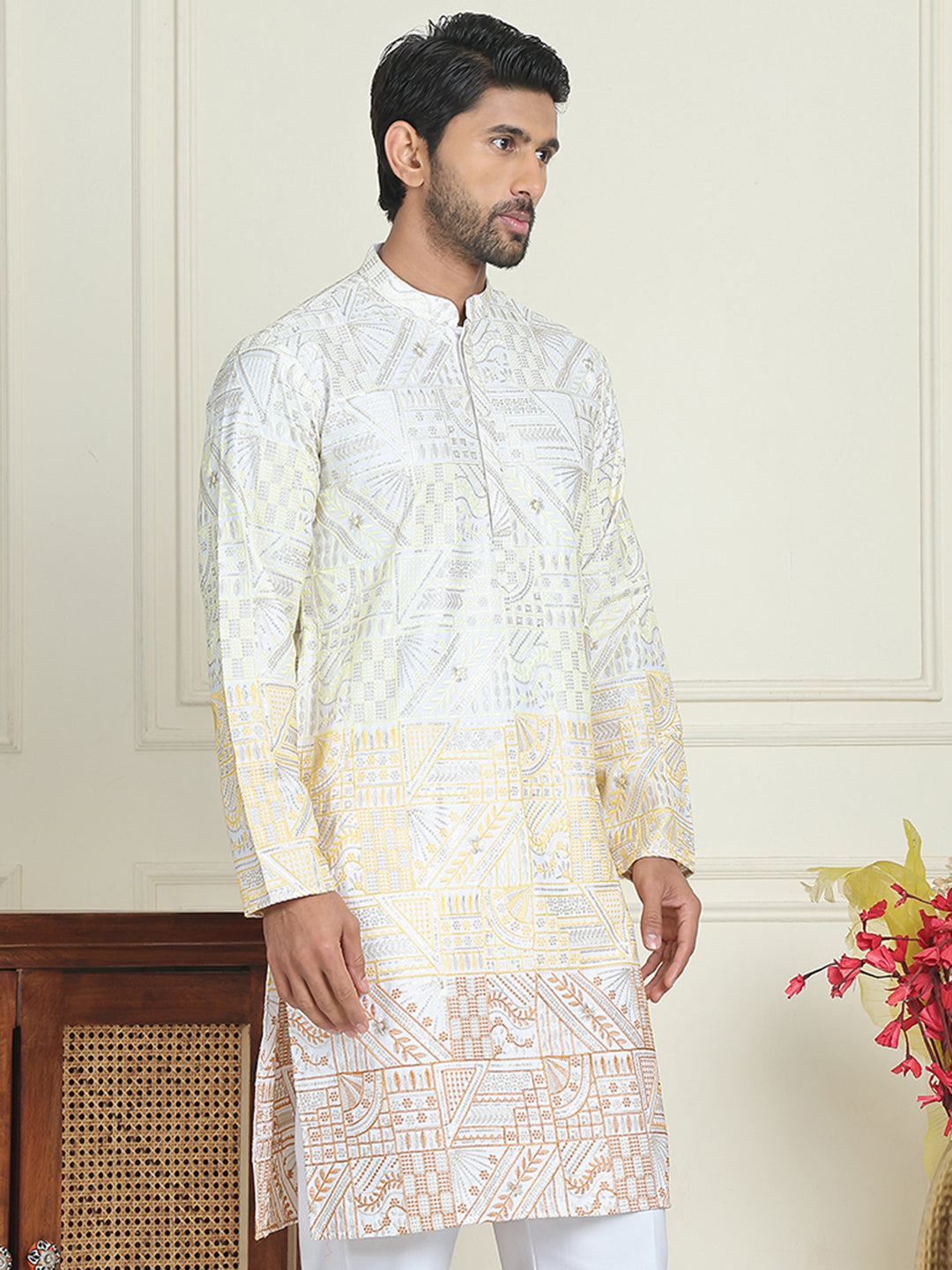 DesiQlo Men Embroidered Kurta Only - Yellow - KO_5186Yellow_S