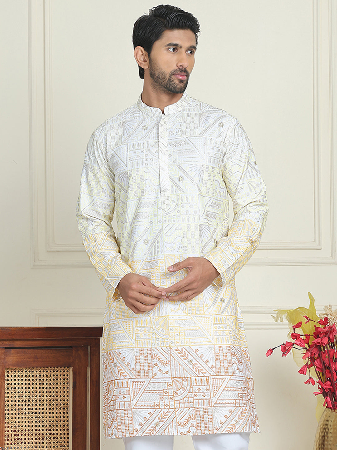 DesiQlo Men Embroidered Kurta Only - Yellow - KO_5186Yellow_S