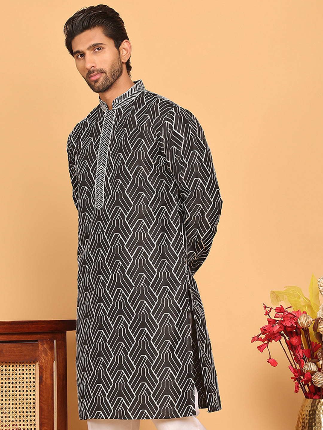 DesiQlo Men Embroidered Kurta Only - Black - KO_5187Black_S