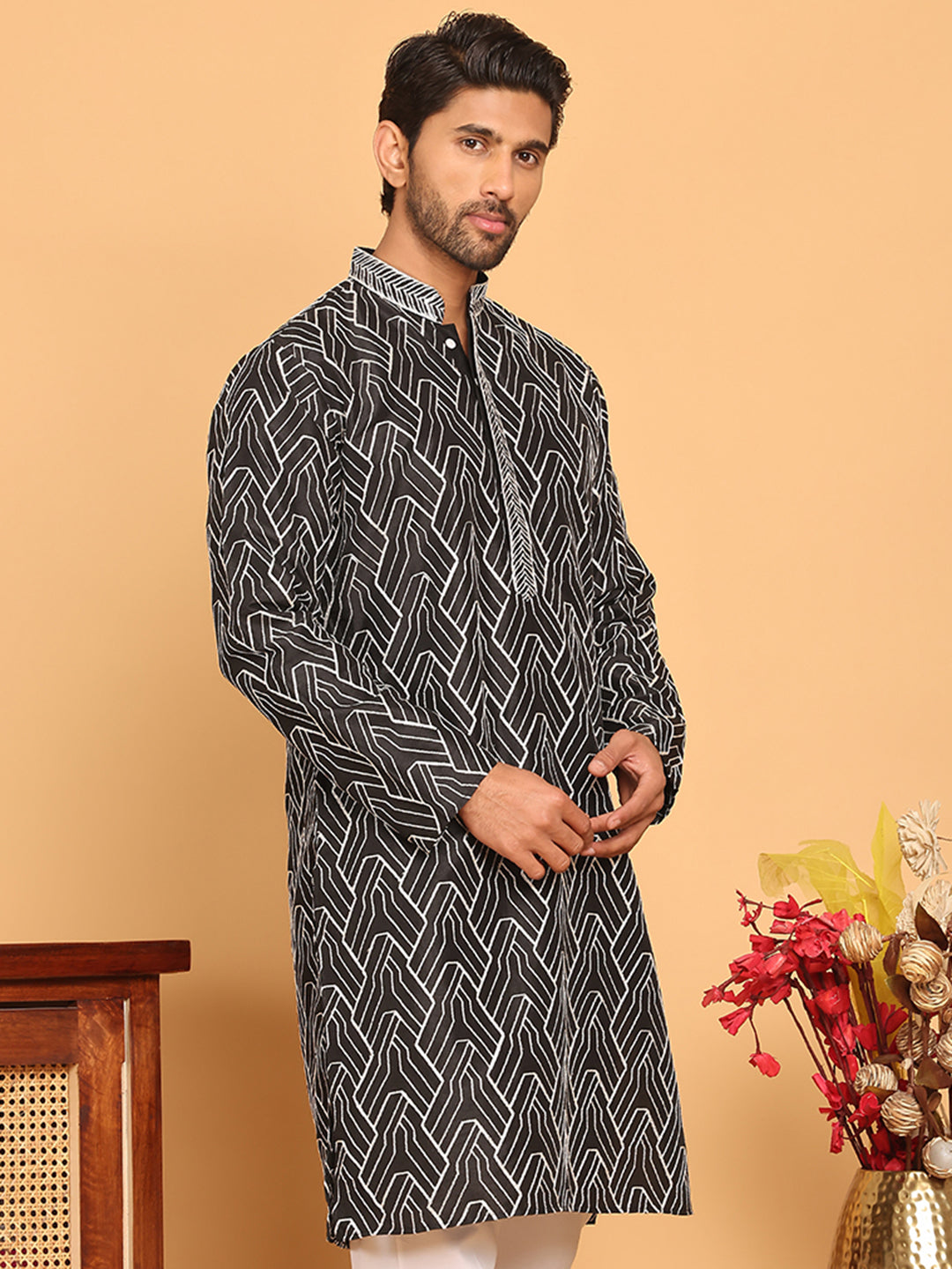 DesiQlo Men Embroidered Kurta Only - Black - KO_5187Black_S