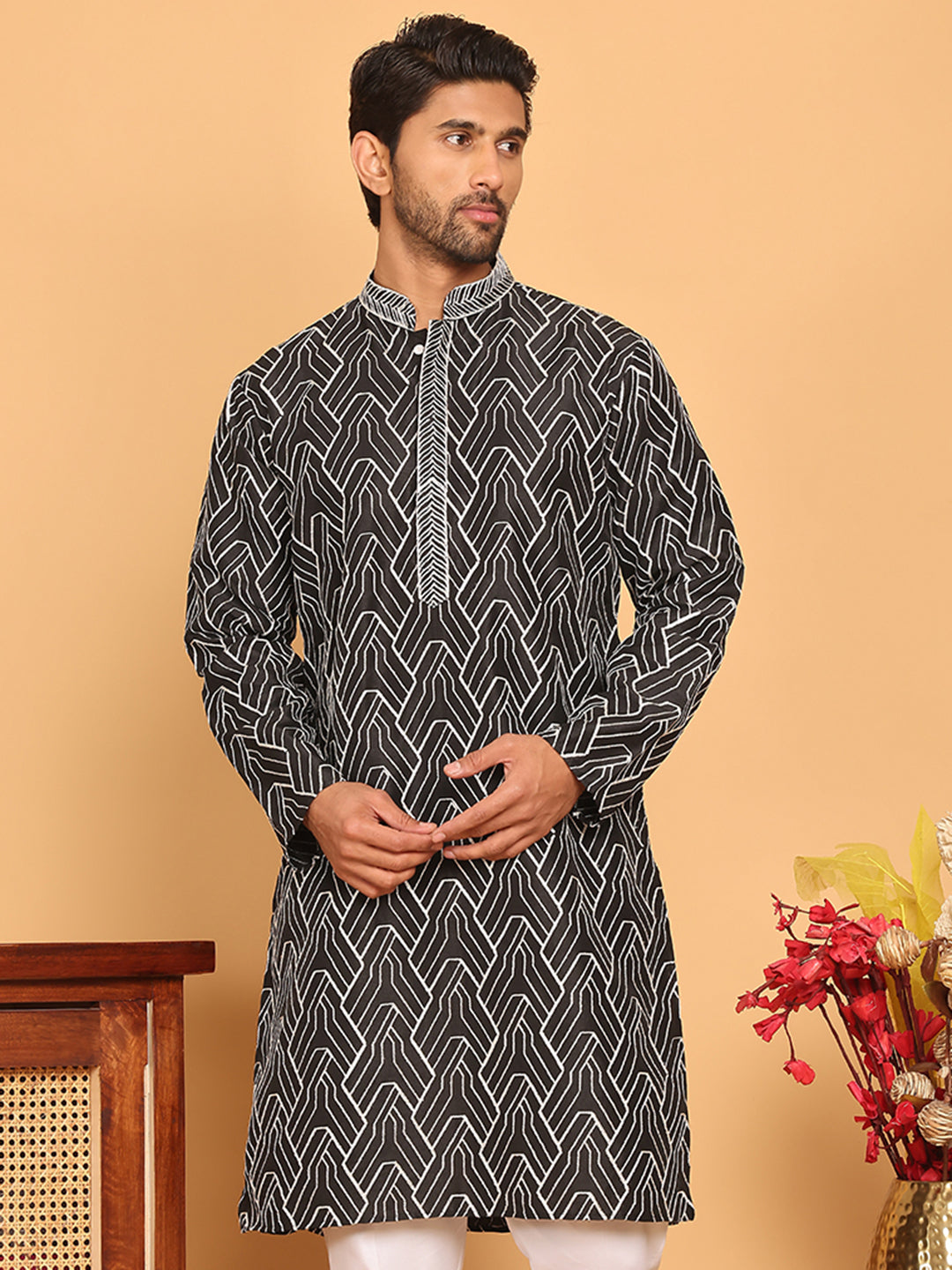DesiQlo Men Embroidered Kurta Only - Black - KO_5187Black_S
