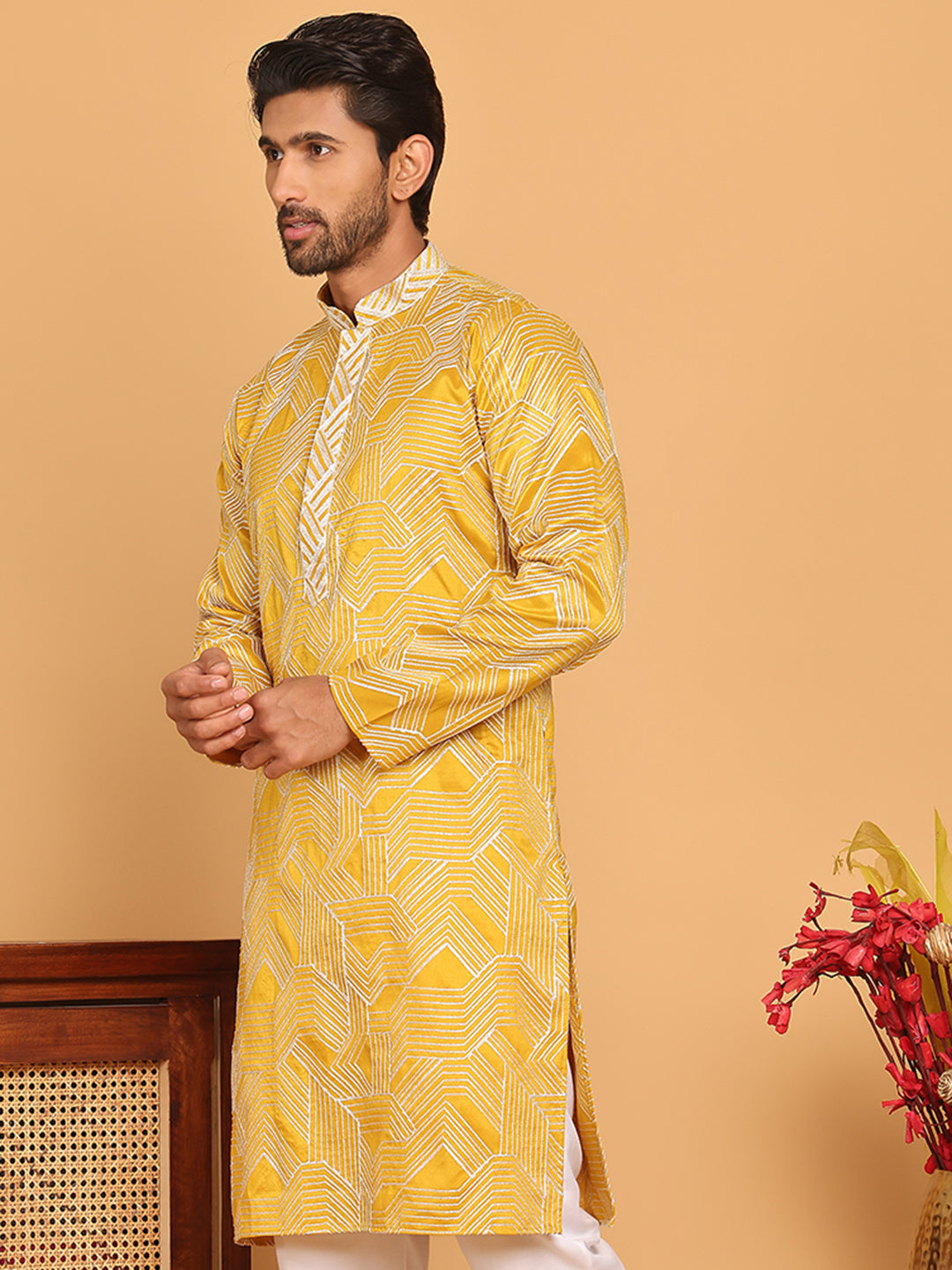 DesiQlo Men Embroidered Kurta Only - Yellow - KO_5187Mustard_S