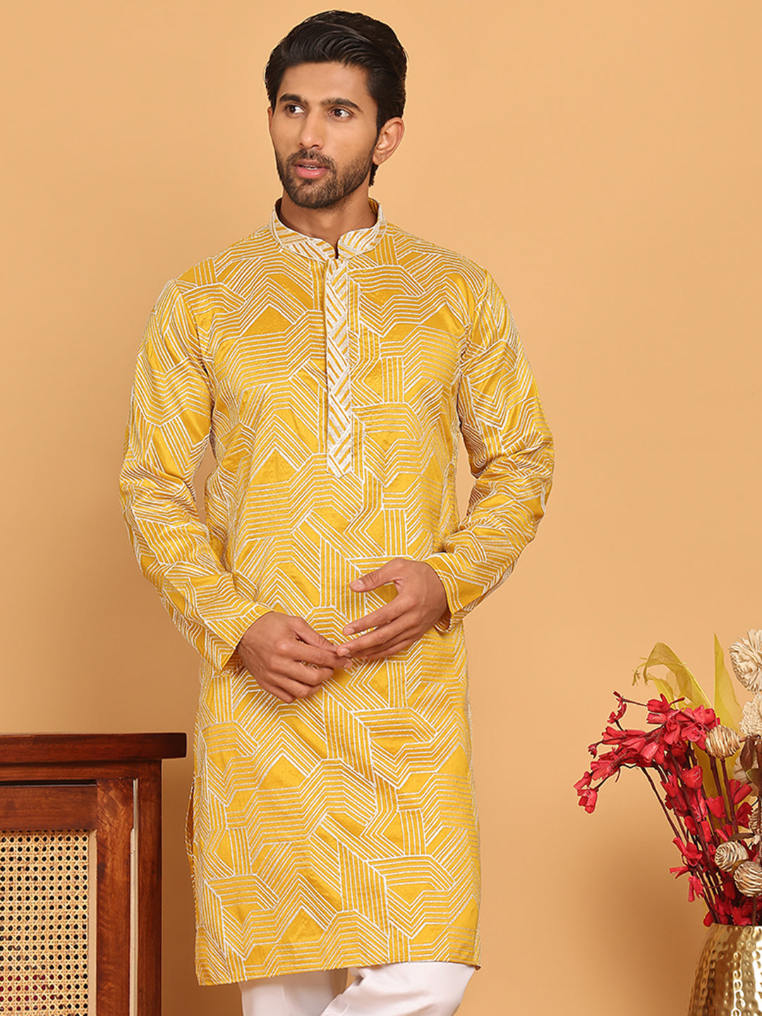 DesiQlo Men Embroidered Kurta Only - Yellow - KO_5187Mustard_S