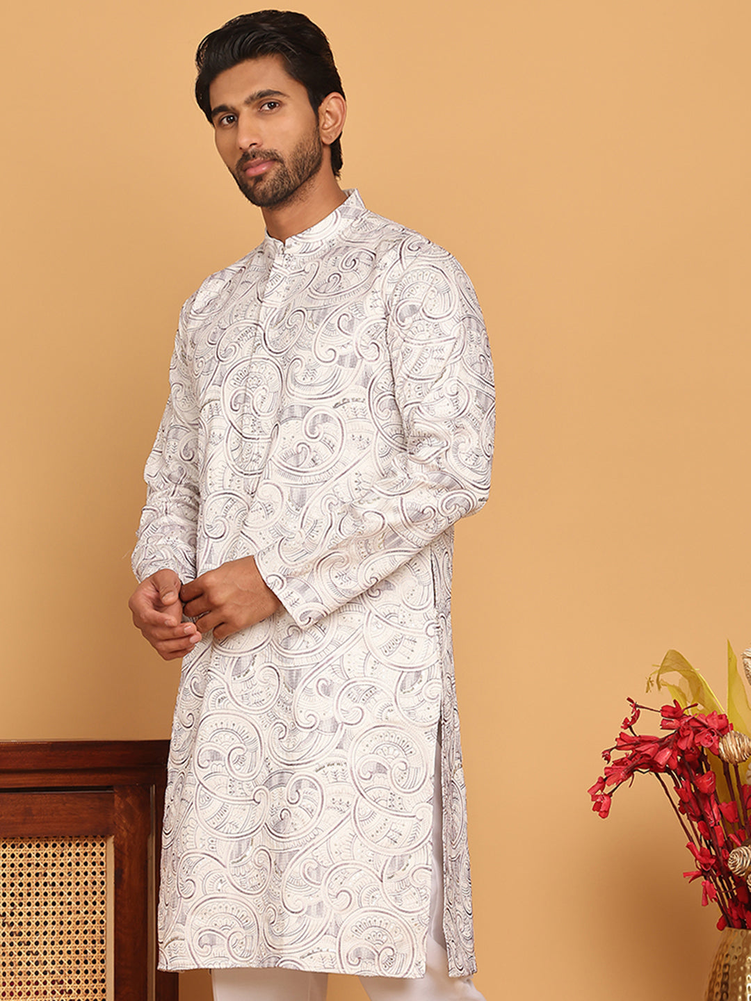 DesiQlo Men Embroidered Kurta Only - White - KO_5188White_S