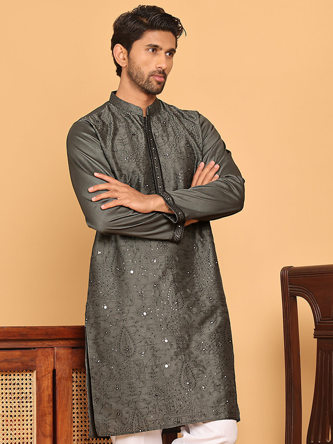 DesiQlo Men Embroidered Kurta Only - Grey - KO_5189Grey_S