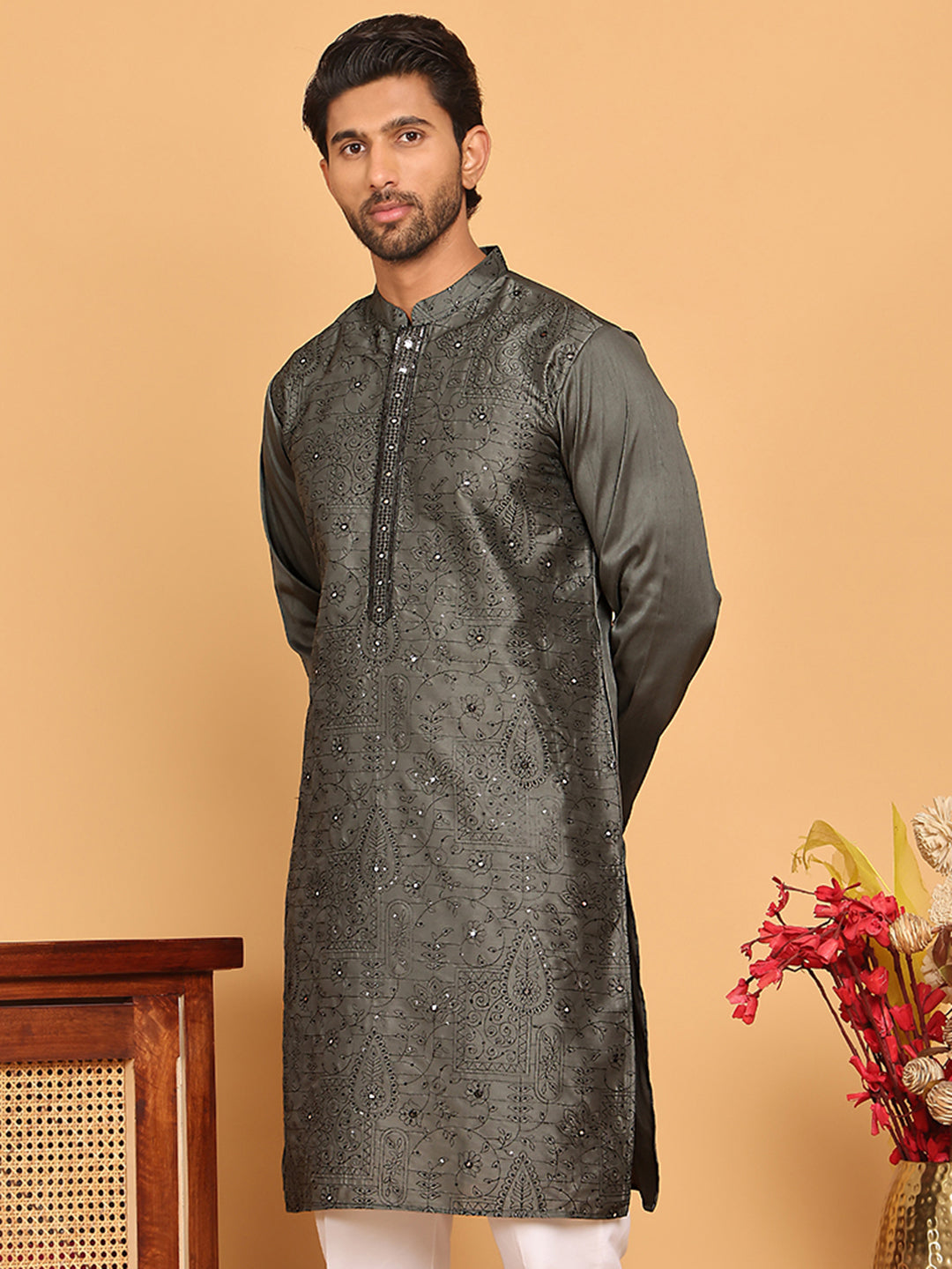 DesiQlo Men Embroidered Kurta Only - Grey - KO_5189Grey_S