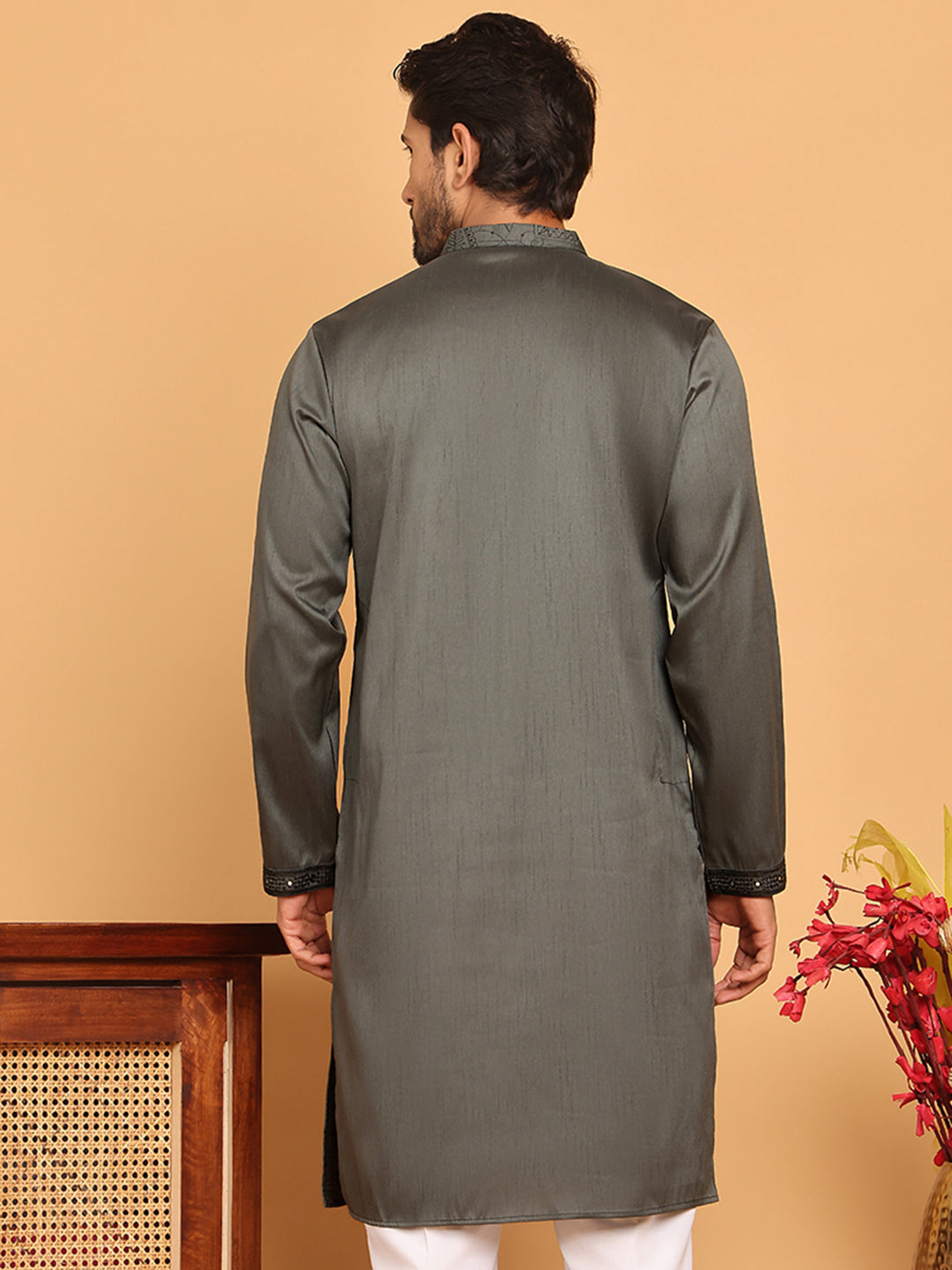 DesiQlo Men Embroidered Kurta Only - Grey - KO_5189Grey_S
