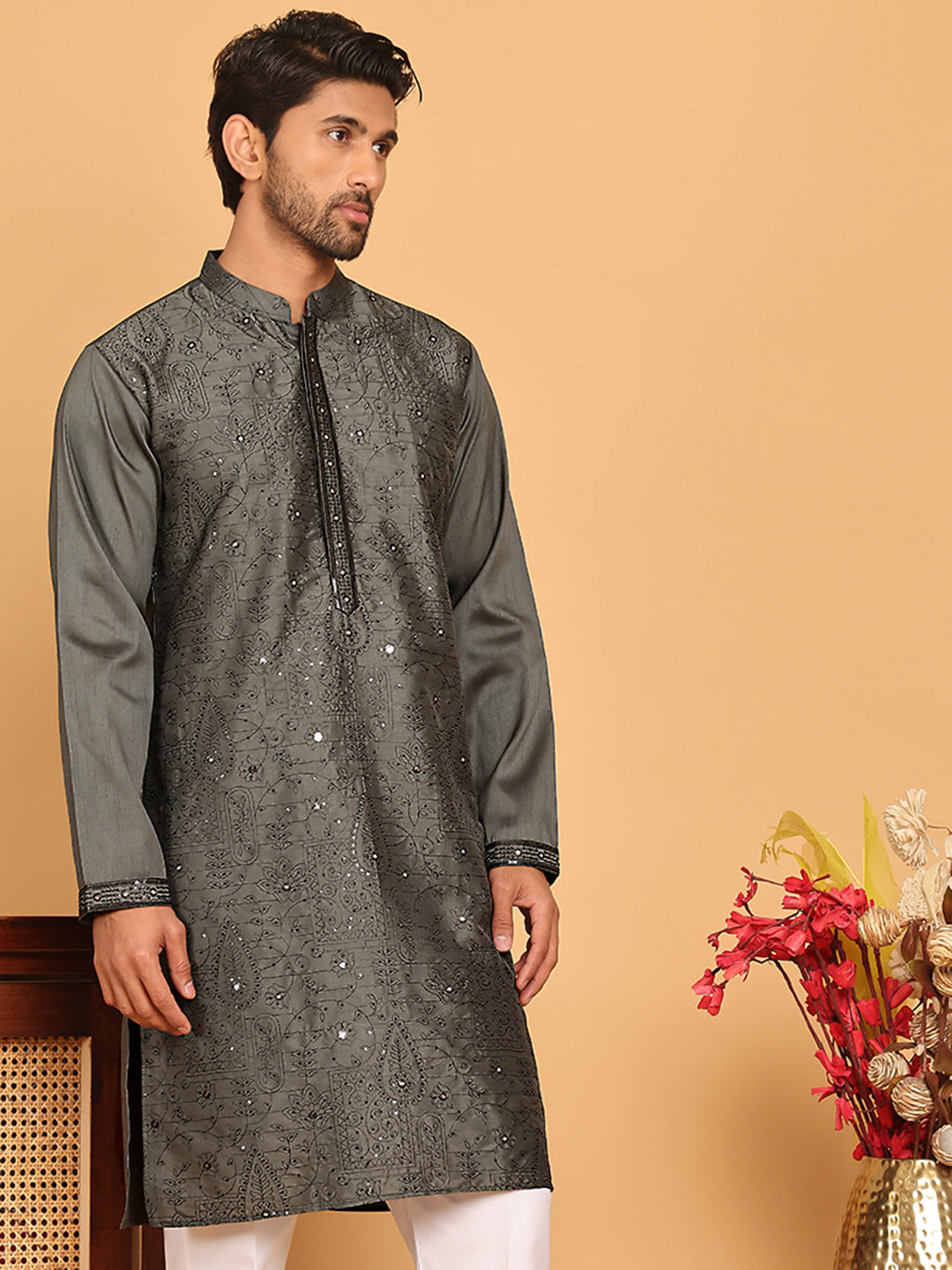 DesiQlo Men Embroidered Kurta Only - Grey - KO_5189Grey_S