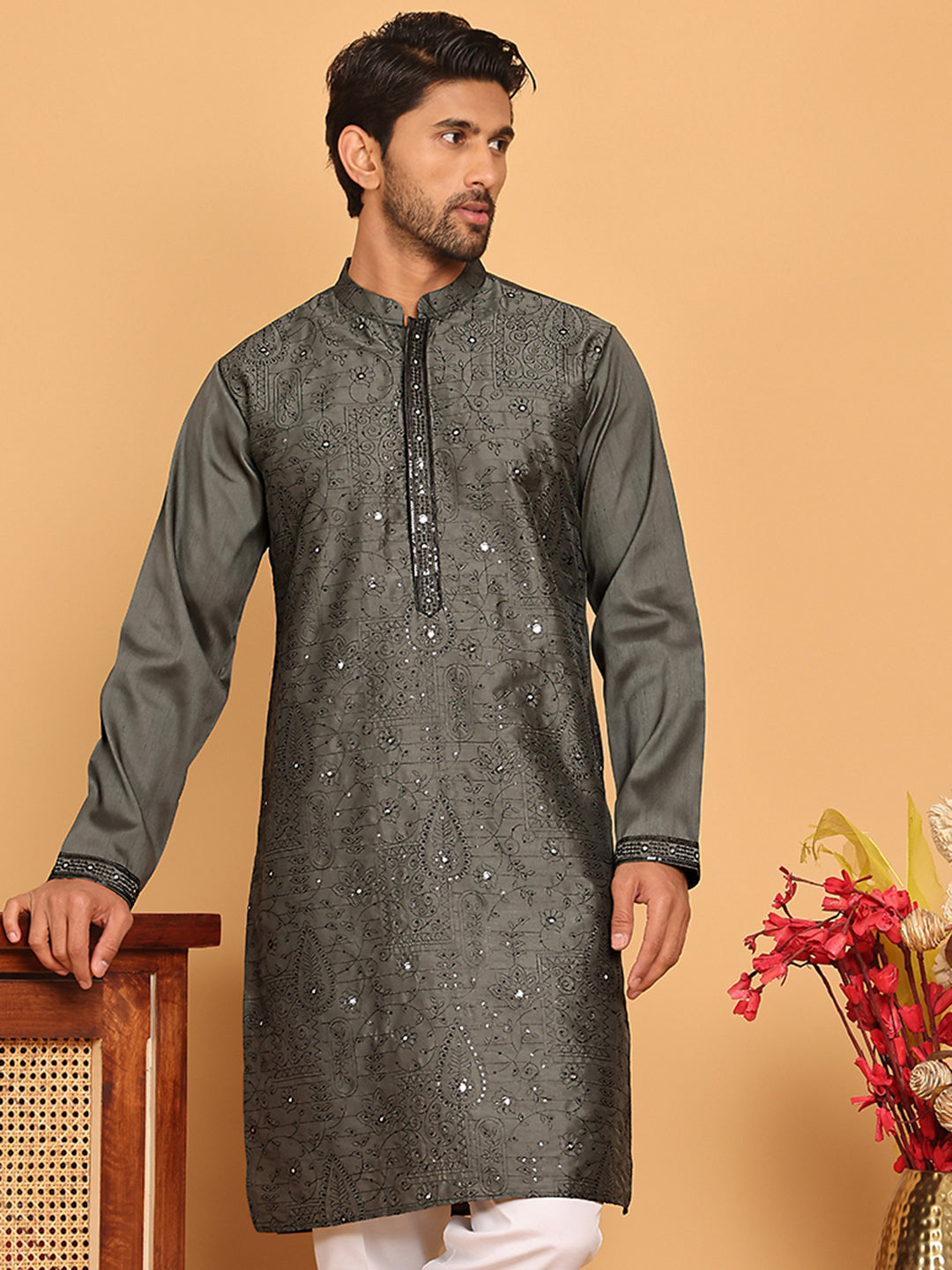 DesiQlo Men Embroidered Kurta Only - Grey - KO_5189Grey_S
