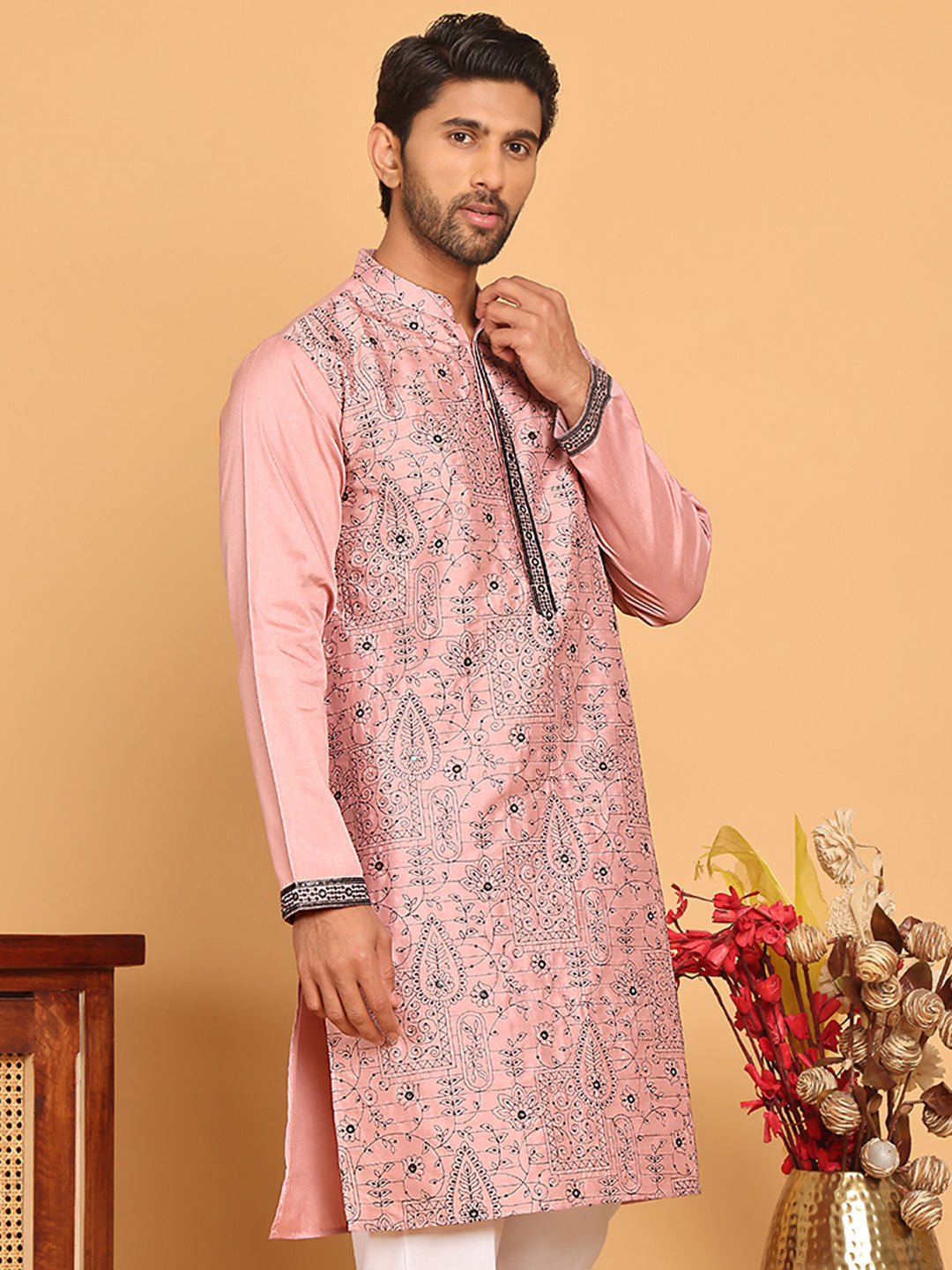 DesiQlo Men Embroidered Kurta Only - Pink - KO_5189Magenta_S