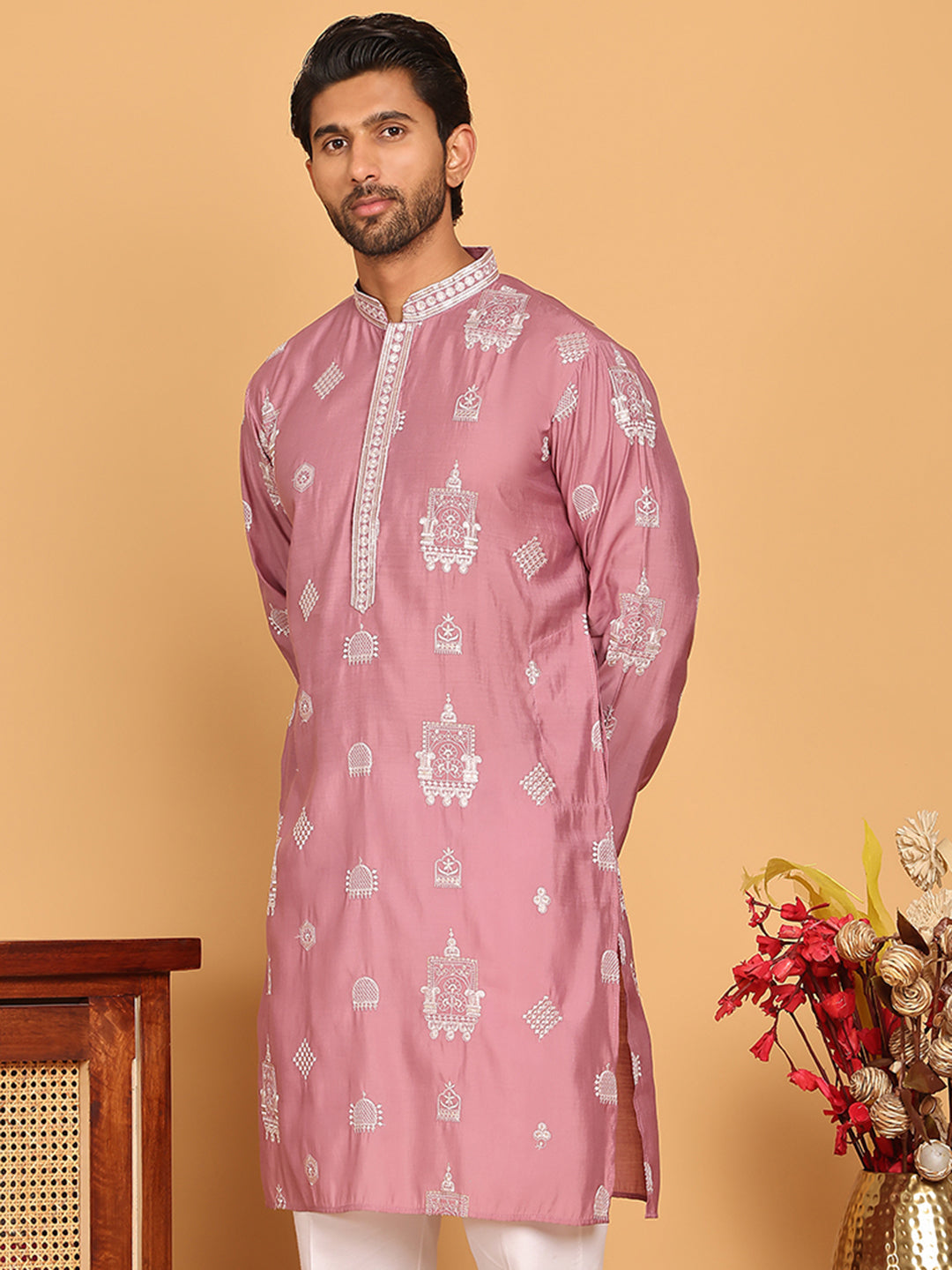 DesiQlo Men Embroidered Kurta Only - Pink - KO_5191Magenta_S