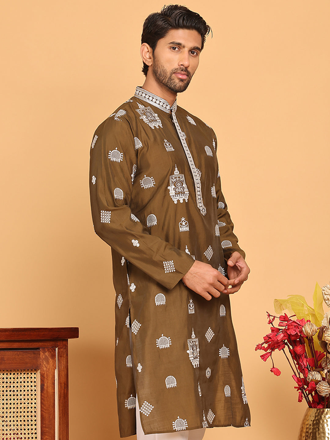 DesiQlo Men Embroidered Kurta Only - Green - KO_5191Mehndi_S