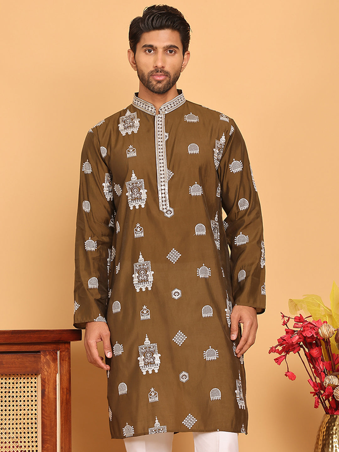 DesiQlo Men Embroidered Kurta Only - Green - KO_5191Mehndi_S
