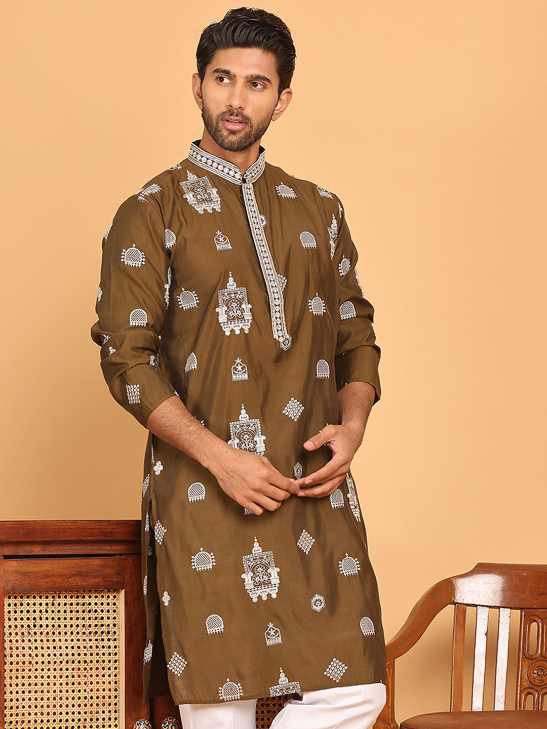 DesiQlo Men Embroidered Kurta Only - Green - KO_5191Mehndi_S